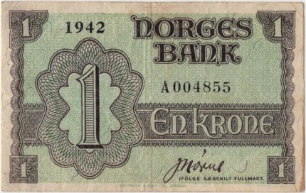 1942 Norge 1 Kroner "London Seddel" A.004855, 1, Flekk