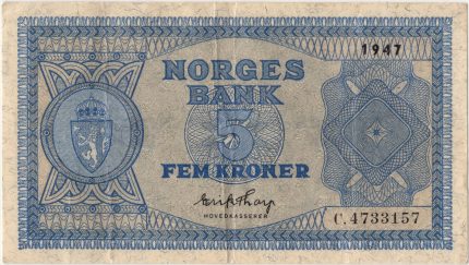 1947 Norge 5 Kroner, C.4733157, 1+